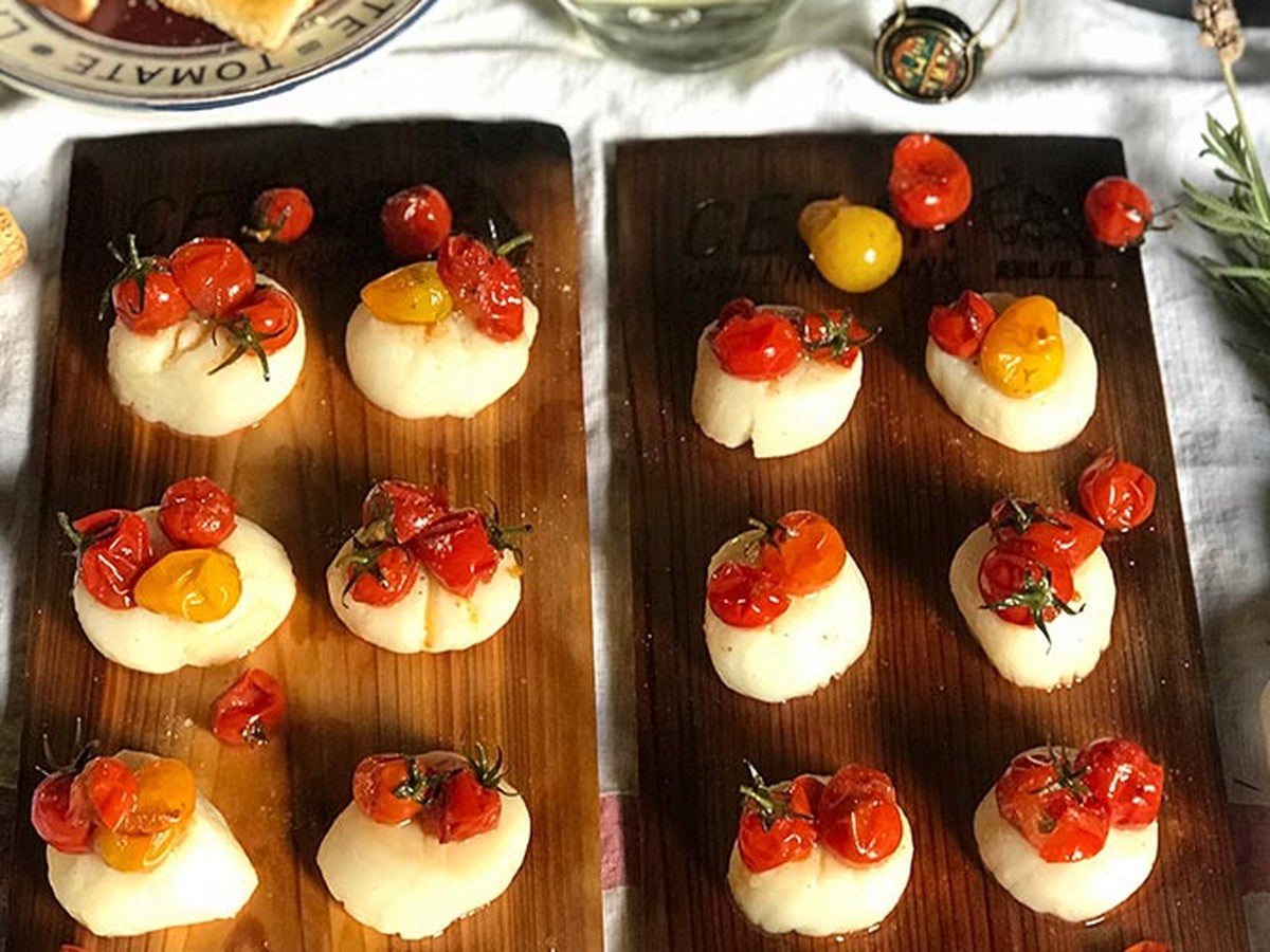 Cedar Planked Scallops with Blistered Cherry Tomatoes - Kitchen In The Garden