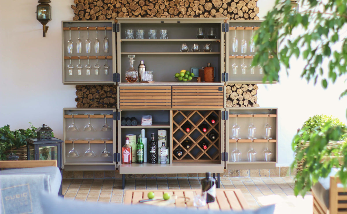 Cubic Bar in a Cupboard open with glasses, wine rack and bottles