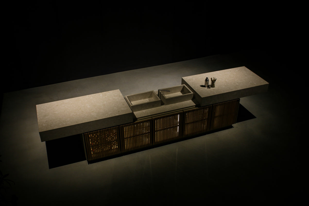 Cubic Floating Bar with the worktop slid open to show twin basins