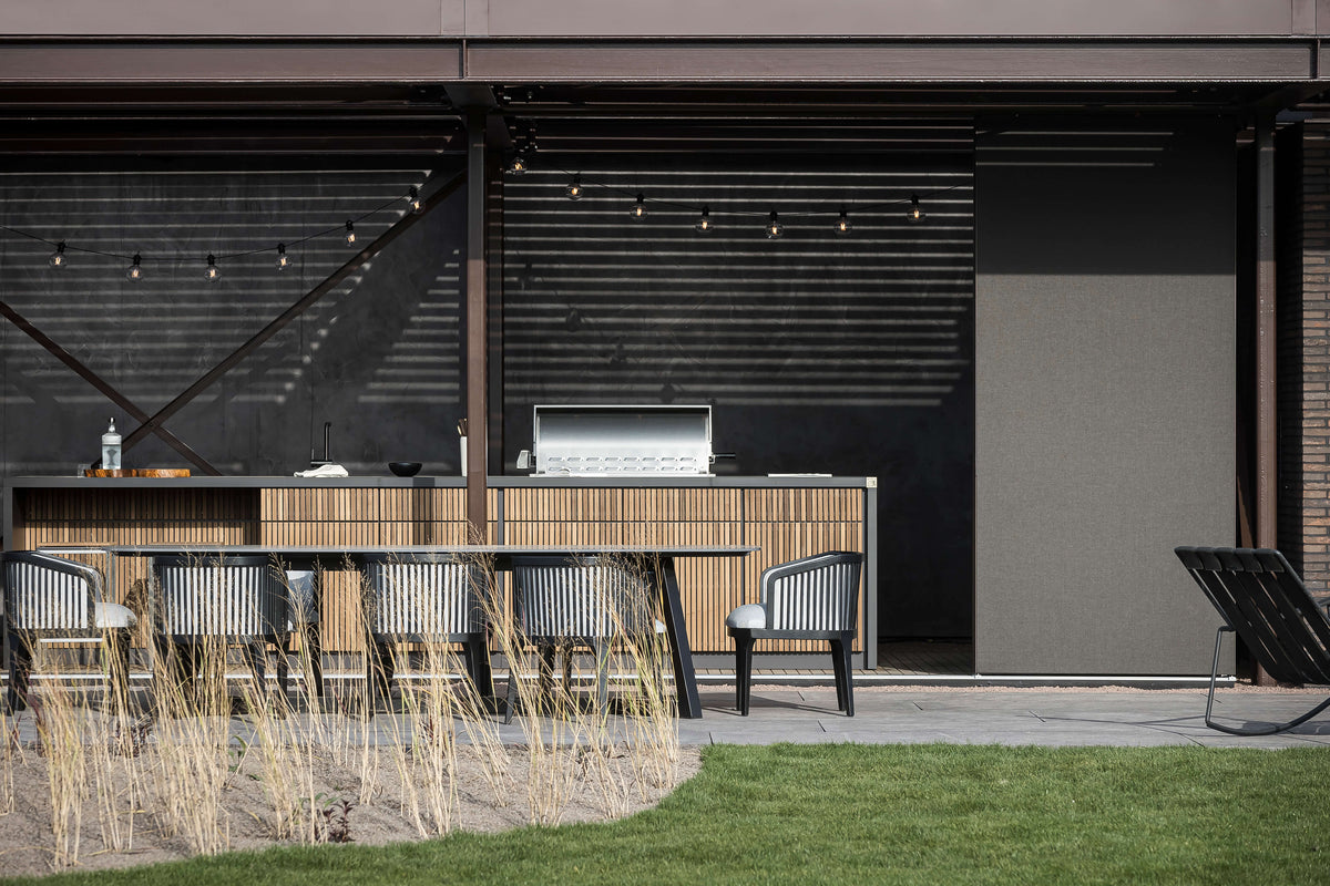 Cubic C1 outdoor kitchen with timber slat fronts under a pergola