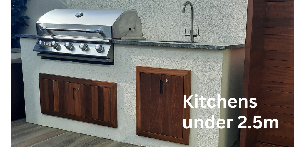 Short linear outdoor kitchens under 2.5m. Contact Kitchen in the Garden to plan your outdoor kitchen layout.