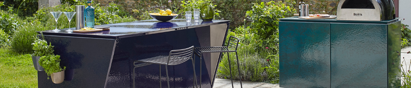 Vlaze vitreous enamel outdoor kitchens - available direct from Kitchen in the Garden