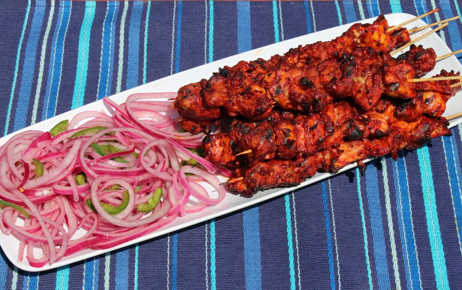 Adobo Chicken Skewers with Lime & Jalapeño Pickled Onions - Kitchen In The Garden