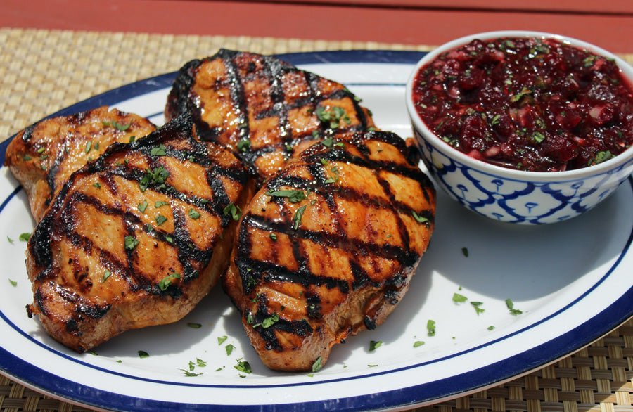 Citrus Marinated Pork Chops with Quick Cranberry Chutney - Kitchen In The Garden