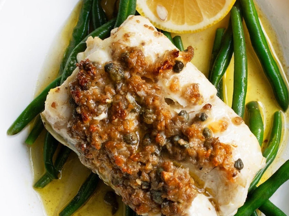 Cod with White Wine, Capers and Samphire - Kitchen In The Garden