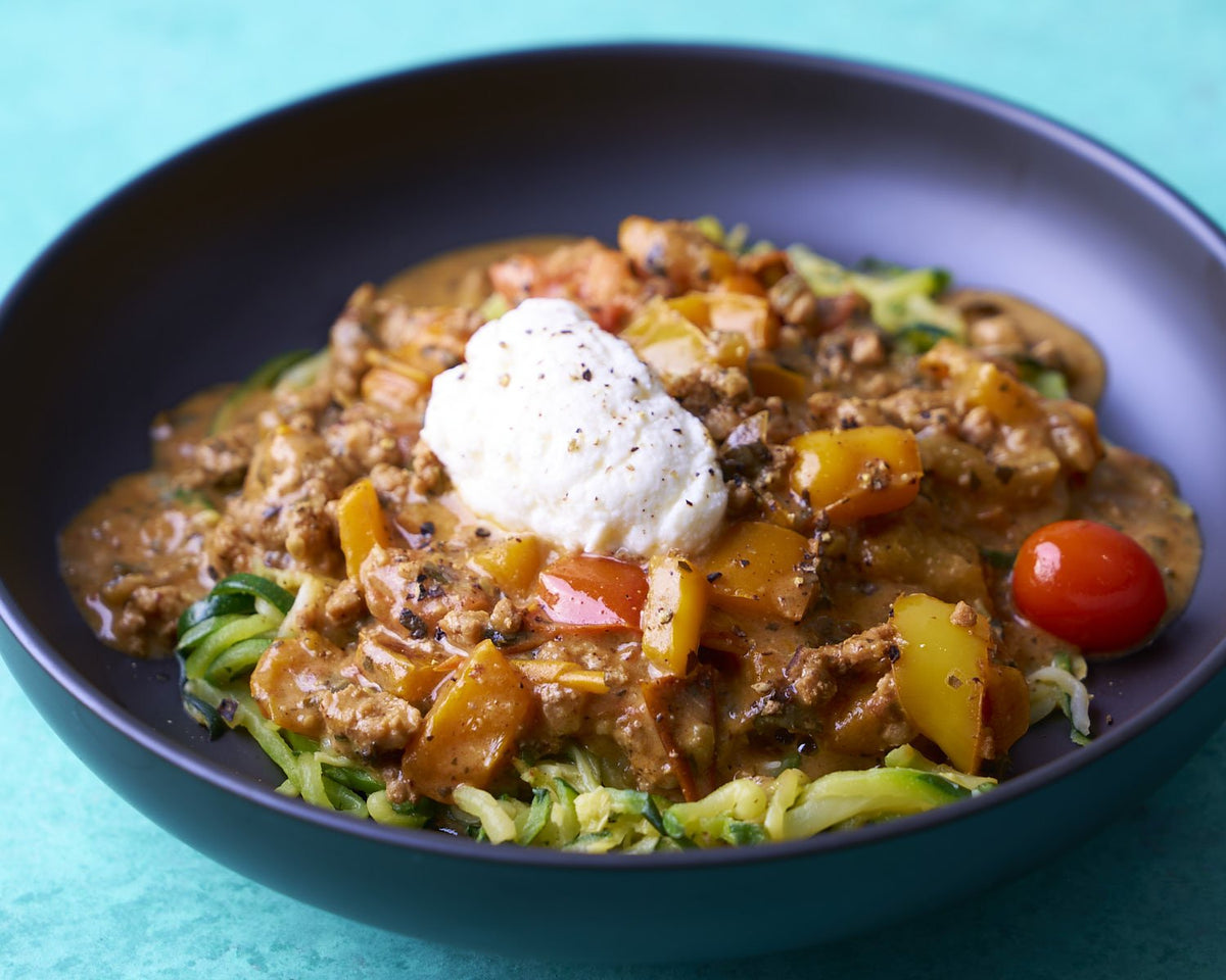 Courgette Noodles with Grilled Peperonata Sauce - Kitchen In The Garden