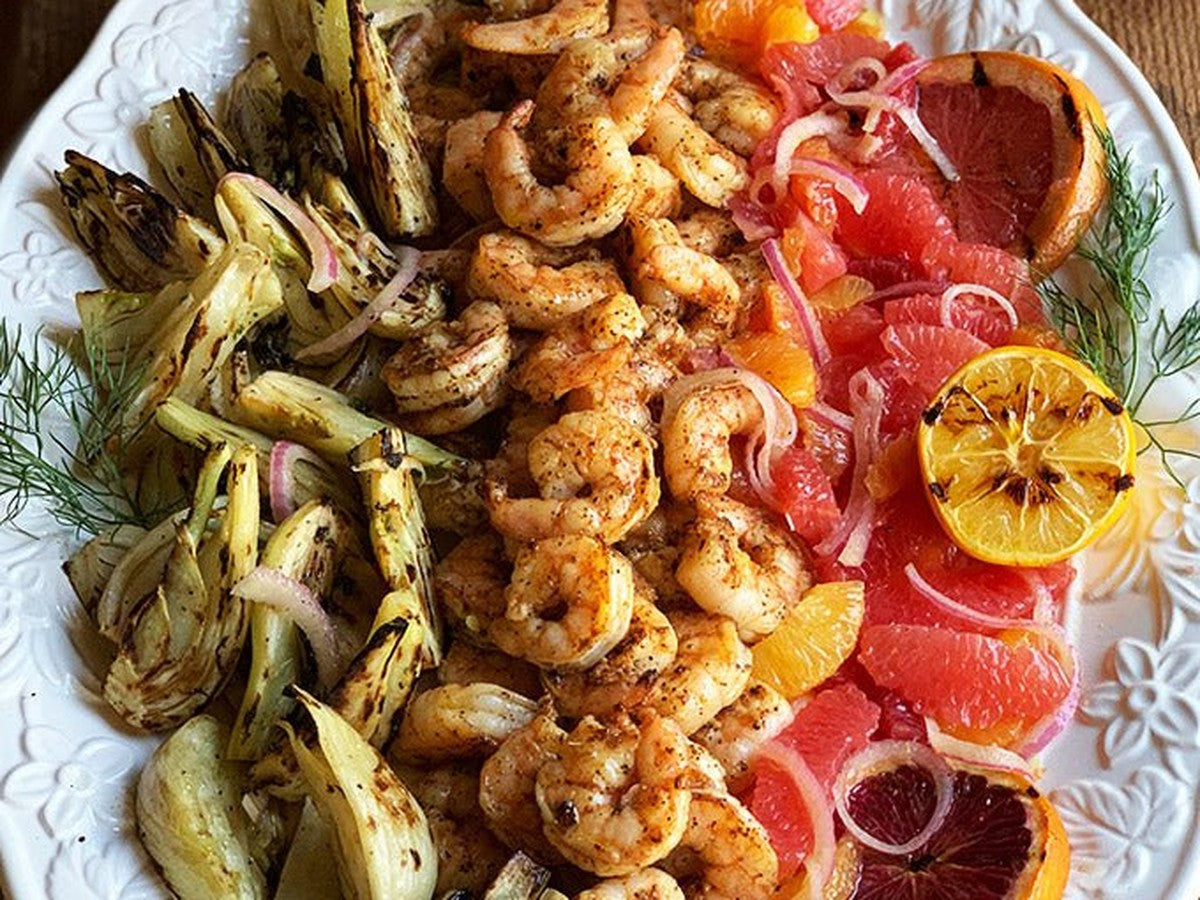 Grilled Fennel and Citrus Salad with Charred Spicy Prawns - Kitchen In The Garden