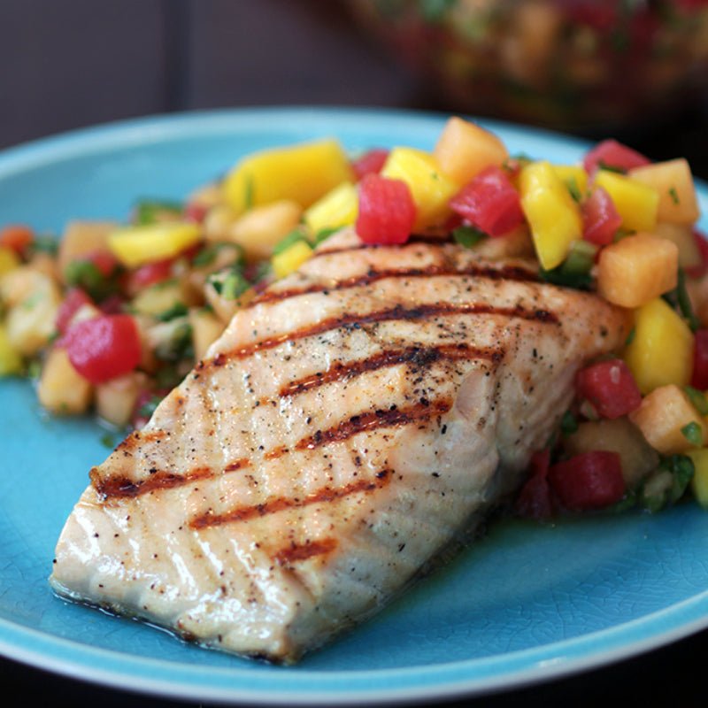 Grilled Salmon with Melon & Mango Salsa Fresca - Kitchen In The Garden