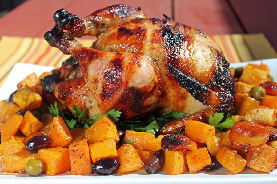 Honey - Cumin Rotisserie Chicken with Butternut Squash, Apricots and Olives - Kitchen In The Garden
