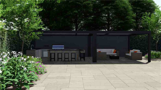 Lumion visualisation of an outdoor kitchen under a pergola in a garden