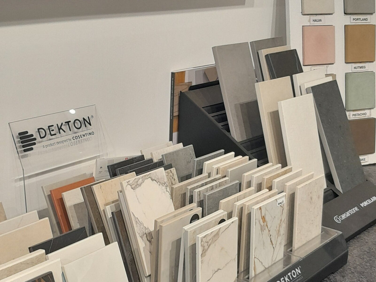 Worktop samples, including Dekton, on display in the showroom