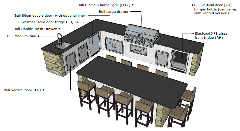 SketchUp layout drawing of a Bull outdoor kitchen with an island bar