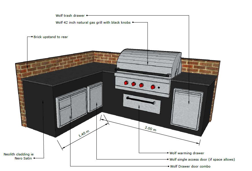 SketchUp layout drawing of an L-shaped outdoor kitchen with a Wolf grill
