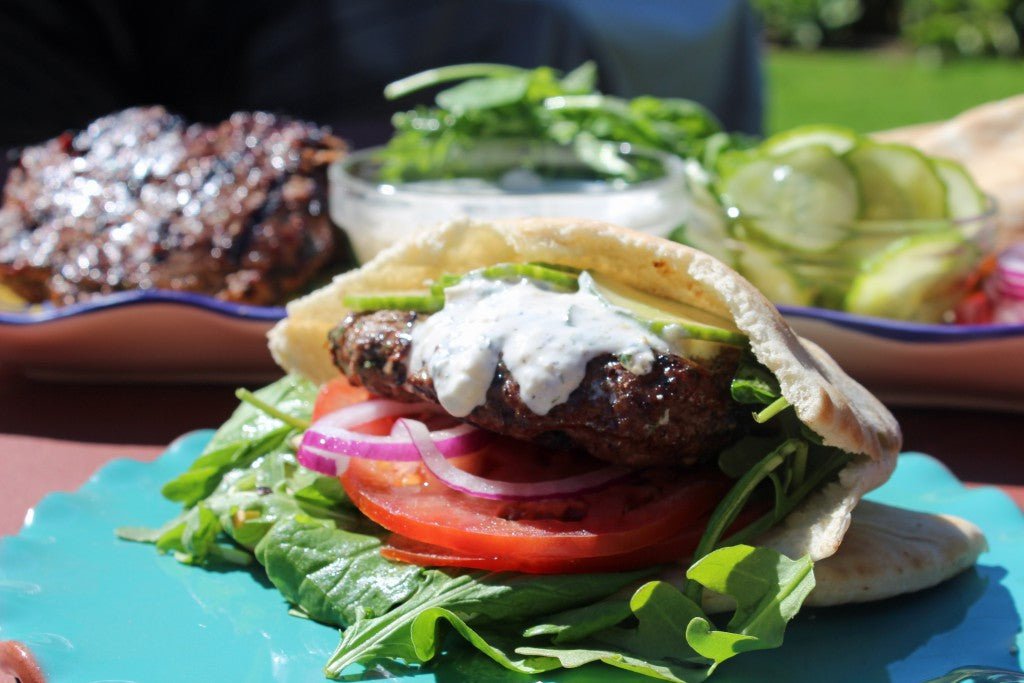 Lamb and Olive Burgers with Lemony Feta Aïoli - Kitchen In The Garden