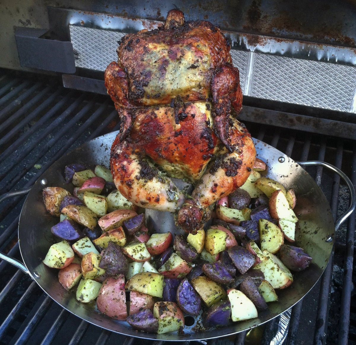 Vertical Roasted Salsa Verde Chicken with Potatoes - Kitchen In The Garden