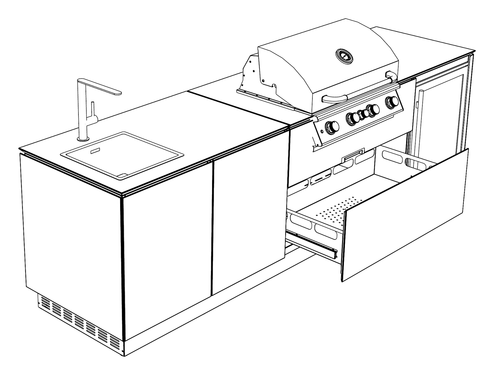 Line drawing of the Vlaze The Long Run outdoor kitchen layout